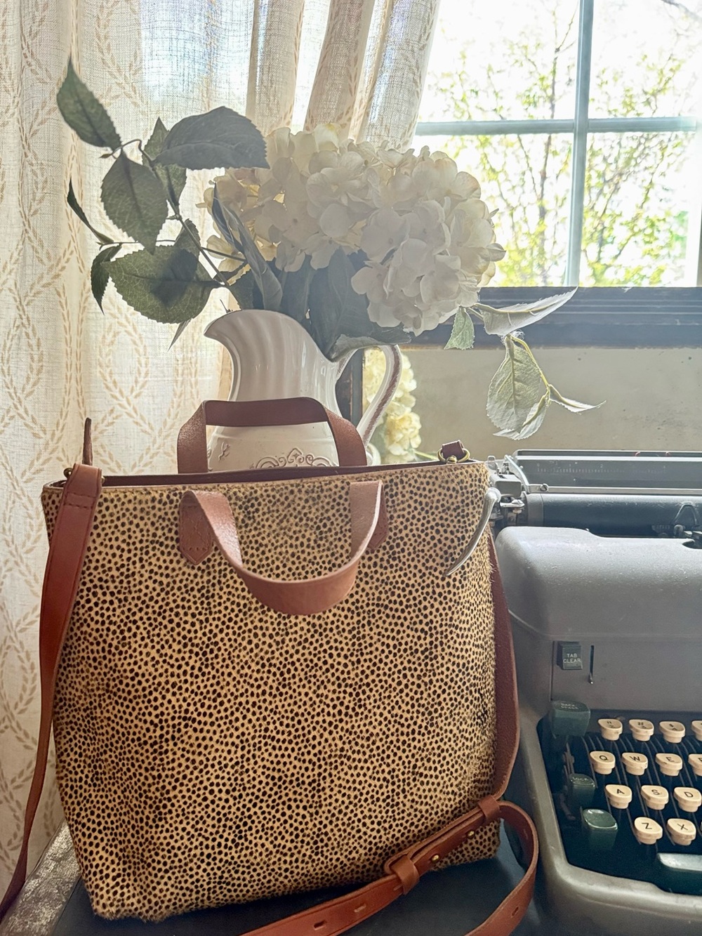 Madewell Spotted Brown Calf hair crossbody with Tan Leather Trim.